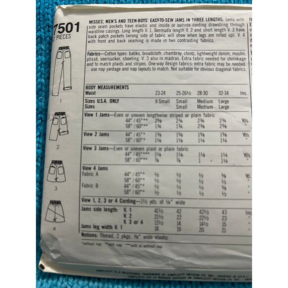 Simplicity 7501 Sewing pattern unisex shorts pants 1980s size medium - Picture 4 of 5